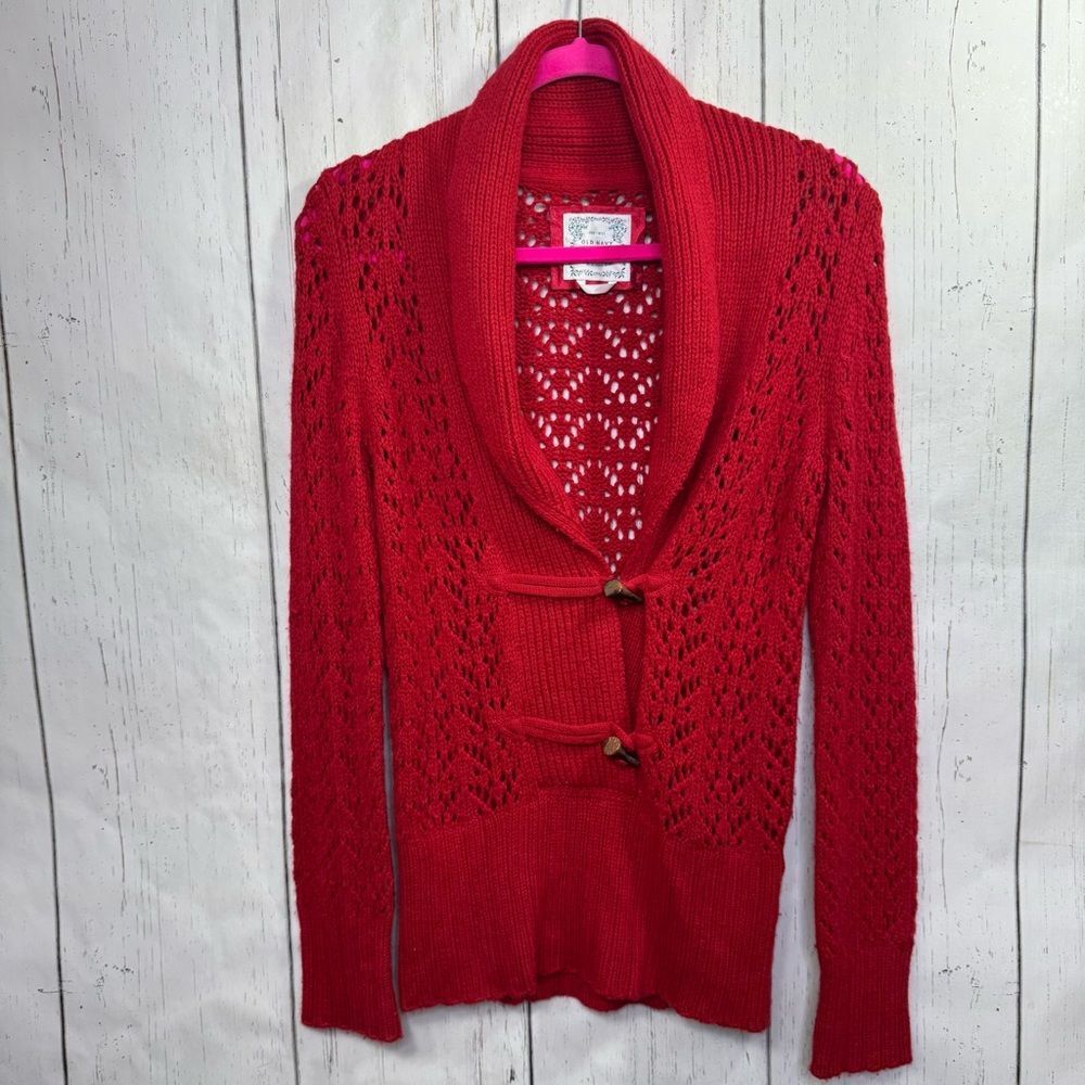 Old Navy Red Open Knit Toggle Cardigan Sweater S Boho Cottagecore Wool Blend